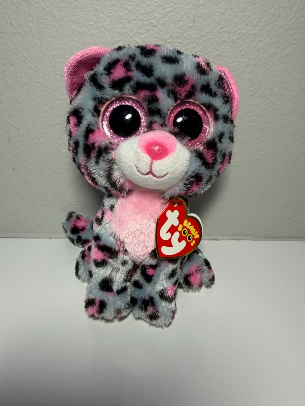 Ty Tasha Pink & Gray Leopard Print Sparkle-Eye Plush Cat